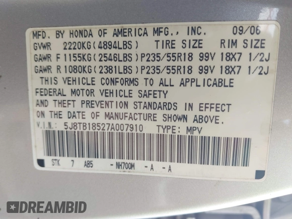 2007 Acura RDX Technology with VIN 5J8TB18527A007910, listed as a IAAI auction lot 42427959 with 147,845 mi miles and . Bid and sale history available at DreamBid. Image 9.