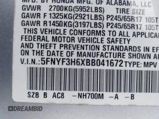 2011 Honda Pilot EX-L with VIN 5FNYF3H6XBB041672, listed as a IAAI auction lot 41337038 with 205,741 mi miles and . Bid and sale history available at DreamBid. Image 9.