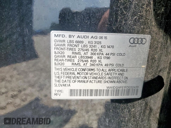2015 Audi Q7 S line Prestige with VIN WA1DGAFE1FD032439, listed as a Copart auction lot 59705535 with 78,438 mi miles and Salvage title. Bid and sale history available at DreamBid. Image 13.