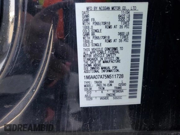 2005 Nissan Titan SE with VIN 1N6AA07A75N511728, listed as a Copart auction lot 42618055 with 113,210 mi miles and Salvage Title. Bid and sale history available at DreamBid. Image 12.