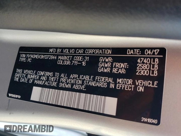 2017 Volvo V60 Premier with VIN YV140MEK9H1372844, listed as a Copart auction lot 44584685 with 131,025 mi miles and Salvage Title. Bid and sale history available at carsss.com. Image 16.