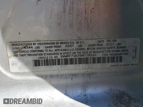 2006 Volkswagen Jetta 2.5L with VIN 3VWRF71K76M779141, listed as a Copart auction lot 48777305 with 265,569 mi miles and Salvage title. Bid and sale history available at DreamBid. Image 12.