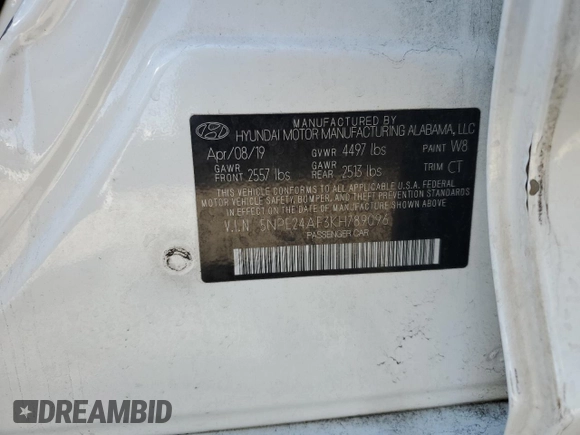 2019 Hyundai Sonata SE with VIN 5NPE24AF3KH789096, listed as a Copart auction lot 52119205 with 73,672 mi miles and Salvage Title. Bid and sale history available at carsss.com. Image 14.