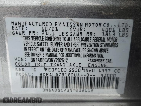 2022 Nissan Sentra SV with VIN 3N1AB8CV3NY202612, listed as a Copart auction lot 46449145 with Not Provided miles and Salvage Title. Bid and sale history available at DreamBid. Image 13.