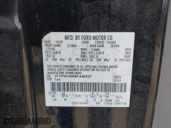 2008 Ford F-150 XLT with VIN 1FTPW14558FA46537, listed as a IAAI auction lot 41878382 with 175,577 mi miles. Bid and sale history available at carsss.com. Image 9.