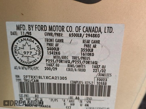 1999 Ford F-150 XL with VIN 2FTRX18L1XCA21305, listed as a Copart auction lot 44356815 with 250,838 mi miles and Salvage Title. Bid and sale history available at carsss.com. Image 12.