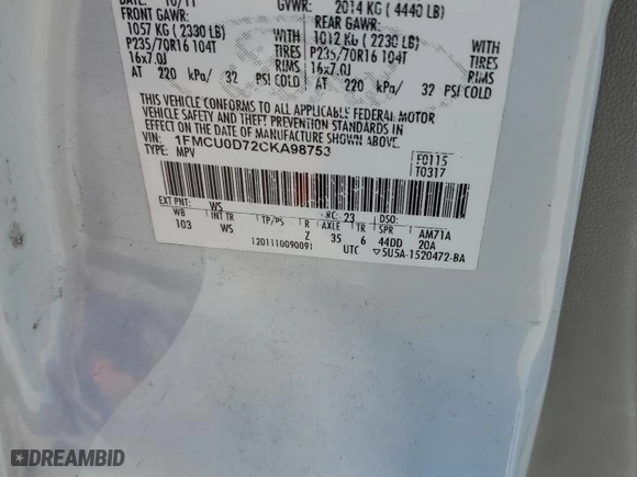 2012 Ford Escape XLT with VIN 1FMCU0D72CKA98753, listed as a Copart auction lot 52219465 with 93,260 mi miles and Salvage Title. Bid and sale history available at carsss.com. Image 13.