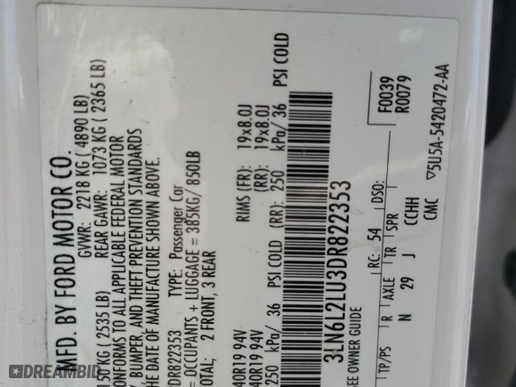 2013 Lincoln MKZ Hybrid with VIN 3LN6L2LU3DR822353, listed as a Copart auction lot 52354815 with 0 mi miles and Salvage Title. Bid and sale history available at carsss.com. Image 12.