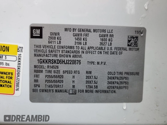 2017 GMC Acadia Limited z VIN 1GKKRSKD6HJ220876, wystawiony jako Copart lot #82830484 z przebiegiem 62 685 mil mil oraz Szkoda całkowita • Salvage title. Historia ofert i sprzedaży dostępna na DreamBid. Obrazek 15.