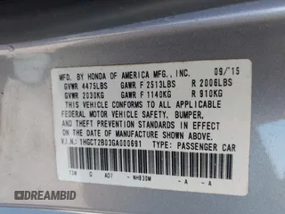2016 Honda Accord Touring with VIN 1HGCT2B03GA000691, listed as a IAAI auction lot 42009414 with 70,306 mi miles and . Bid and sale history available at DreamBid. Image 9.