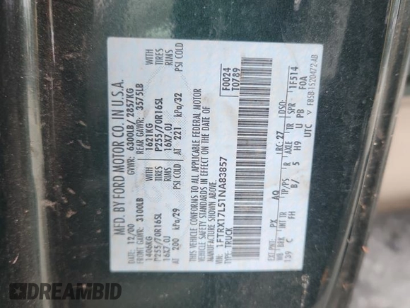 2001 Ford F-150 XL with VIN 1FTRX17L51NA83857, listed as a Copart auction lot 62759145 with 215,961 mi miles and Salvage title. Bid and sale history available at DreamBid. Image 13.