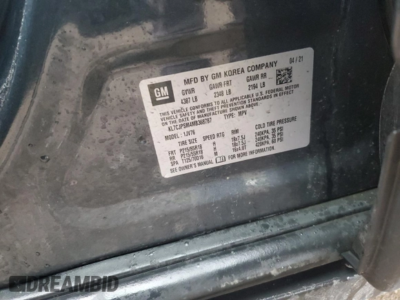 2021 Chevrolet Trax LT с VIN KL7CJPSM4MB368787, выставлен на аукционе Copart как лот 60239335 с пробегом 58 318 миль миль и Списание • Salvage title. История ставок и продаж доступна на DreamBid. Изображение 13.