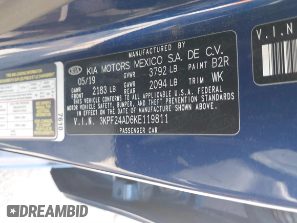 2019 Kia Forte LXS with VIN 3KPF24AD6KE119811, listed as a IAAI auction lot 40063435 with 35,897 mi miles. Bid and sale history available at carsss.com. Image 9.