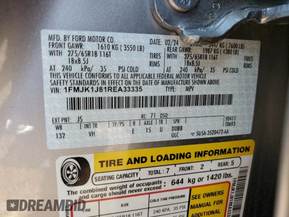 2024 Ford Expedition Max XLT with VIN 1FMJK1J81REA33335, listed as a Copart auction lot 52354535 with 17,743 mi miles and Salvage Title. Bid and sale history available at DreamBid. Image 13.