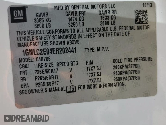 2014 Chevrolet Tahoe Commercial with VIN 1GNLC2E04ER202441, listed as a Copart auction lot 61310725 with 117,443 mi miles and Salvage title. Bid and sale history available at DreamBid. Image 13.
