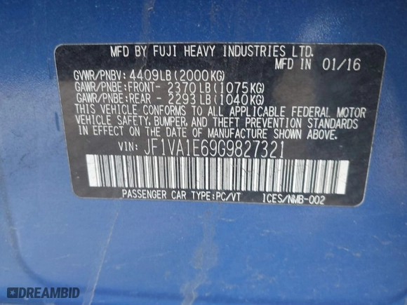 2016 Subaru WRX Premium with VIN JF1VA1E69G9827321, listed as a IAAI auction lot 41495496 with 164,371 mi miles. Bid and sale history available at carsss.com. Image 9.