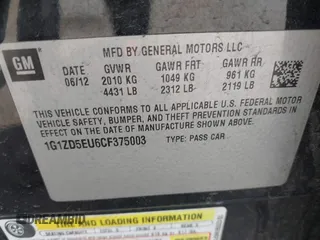 2012 Chevrolet Malibu 2LT with VIN 1G1ZD5EU6CF375003, listed as a IAAI auction lot 42166483 with Not Provided miles and . Bid and sale history available at DreamBid. Image 9.