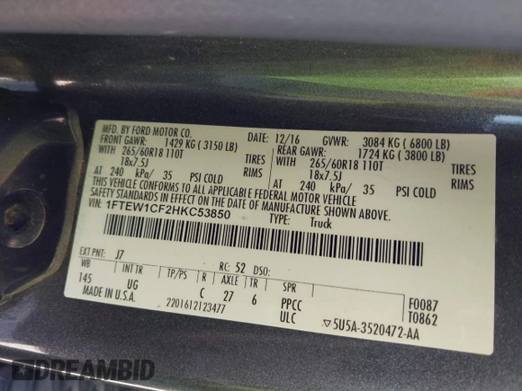 2017 Ford F-150 XL с VIN 1FTEW1CF2HKC53850, выставлен на аукционе IAAI как лот 41996911 с пробегом 234 649 миль миль и . История ставок и продаж доступна на DreamBid. Изображение 9.