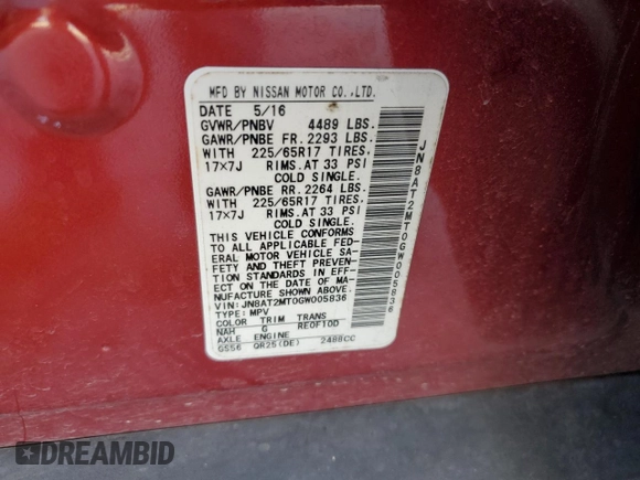 2016 Nissan Rogue SV with VIN JN8AT2MT0GW005836, listed as a Copart auction lot 49987145 with 94,636 mi miles and Salvage Title. Bid and sale history available at carsss.com. Image 15.