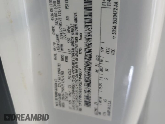 2019 Ford F-250 XL z VIN 1FT7W2B68KEF94997, wystawiony jako Copart lot #59473355 z przebiegiem Nie podano mil oraz Szkoda całkowita • Salvage title. Historia ofert i sprzedaży dostępna na DreamBid. Obrazek 12.