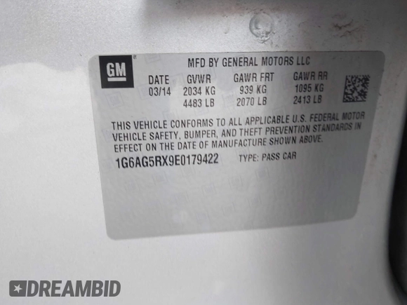 2014 Cadillac ATS Standard AWD with VIN 1G6AG5RX9E0179422, listed as a IAAI auction lot 41826487 with 121,061 mi miles and . Bid and sale history available at carsss.com. Image 9.