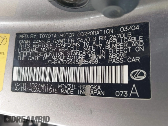 2004 Lexus ES 350 with VIN JTHBA30G645035458, listed as a IAAI auction lot 41850177 with 134,806 mi miles and . Bid and sale history available at DreamBid. Image 9.