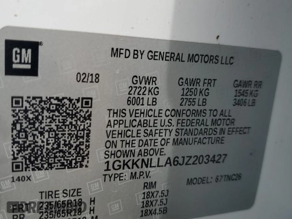 2018 GMC Acadia SLE with VIN 1GKKNLLA6JZ203427, listed as a Copart auction lot 50992845 with Not Provided miles and Salvage Title. Bid and sale history available at DreamBid. Image 13.