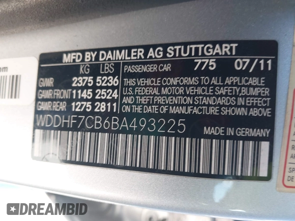 2011 Mercedes-Benz E 550 Luxury with VIN WDDHF7CB6BA493225, listed as a IAAI auction lot 41666498 with 105,464 mi miles and . Bid and sale history available at DreamBid. Image 9.