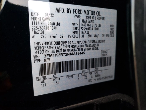 2022 Ford Mustang Mach-E California Route 1 z VIN 3FMTK2R72NMA38445, wystawiony jako Copart lot #84084384 z przebiegiem Nie podano mil oraz Szkoda całkowita • Salvage title. Historia ofert i sprzedaży dostępna na DreamBid. Obrazek 12.
