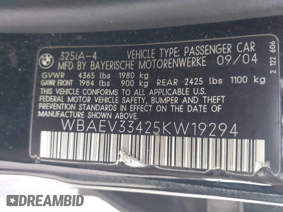 2005 BMW 3 Series 325i с VIN WBAEV33425KW19294, выставлен на аукционе IAAI как лот 42332070 с пробегом 174 456 миль миль и . История ставок и продаж доступна на DreamBid. Изображение 9.