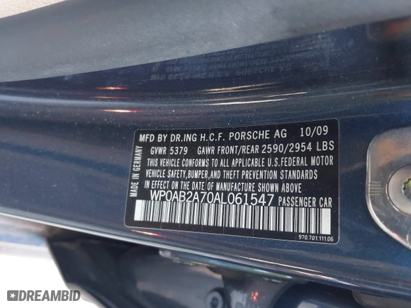 2010 Porsche Panamera S with VIN WP0AB2A70AL061547, listed as a IAAI auction lot 40972962 with 148,139 mi miles. Bid and sale history available at carsss.com. Image 8.