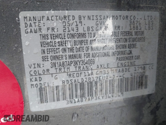 2019 Nissan Sentra S with VIN 3N1AB7AP3KY364069, listed as a IAAI auction lot 41757405 with 104,269 mi miles and . Bid and sale history available at DreamBid. Image 9.