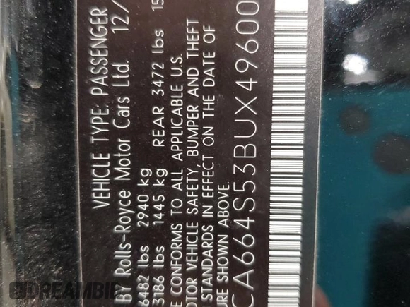 2011 Rolls-Royce Ghost z VIN SCA664S53BUX49600, wystawiony jako Copart lot #85953614 z przebiegiem 45 937 mil mil oraz Nie do naprawy • Non repairable. Historia ofert i sprzedaży dostępna na DreamBid. Obrazek 13.