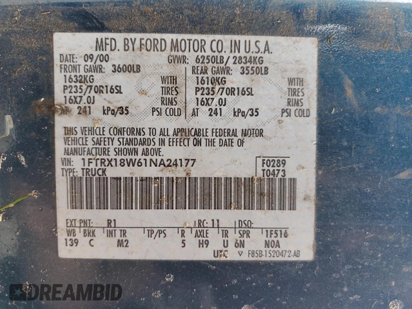 2001 Ford F-150 XL z VIN 1FTRX18W61NA24177, wystawiony jako Copart lot #60149714 z przebiegiem 192 297 mil mil oraz Szkoda całkowita • Salvage title. Historia ofert i sprzedaży dostępna na DreamBid. Obrazek 14.