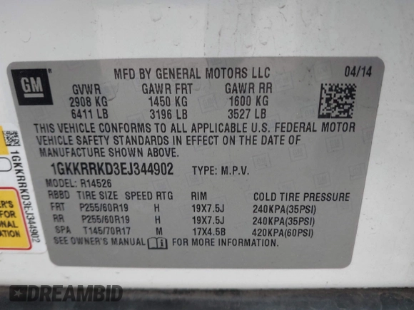 2014 GMC Acadia SLT with VIN 1GKKRRKD3EJ344902, listed as a IAAI auction lot 42079120 with 227,972 mi miles. Bid and sale history available at carsss.com. Image 9.
