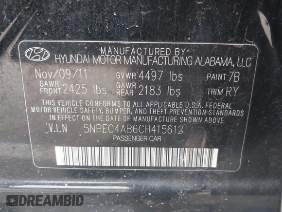 2012 Hyundai Sonata Limited with VIN 5NPEC4AB6CH415612, listed as a IAAI auction lot 41975318 with 108,672 mi miles and . Bid and sale history available at carsss.com. Image 9.