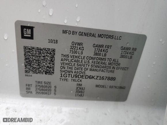 2019 GMC Sierra 1500 SLT with VIN 1GTU9DED6KZ167889, listed as a Copart auction lot 43217965 with 47,417 mi miles and Salvage Title. Bid and sale history available at carsss.com. Image 14.