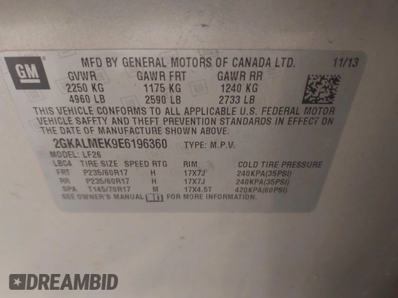 2014 GMC Terrain SLE with VIN 2GKALMEK9E6196360, listed as a IAAI auction lot 42405230 with 179,142 mi miles and . Bid and sale history available at DreamBid. Image 9.