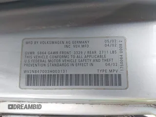 2003 Volkswagen EuroVan MV with VIN WV2NB47003H003131, listed as a IAAI auction lot 42157821 with 166,159 mi miles and . Bid and sale history available at DreamBid. Image 9.
