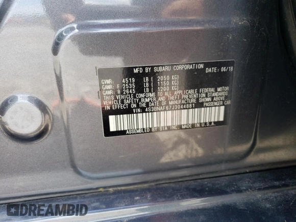 2018 Subaru Legacy Premium with VIN 4S3BNAF67J3044881, listed as a Copart auction lot 60418344 with 126,141 mi miles and Salvage Title. Bid and sale history available at DreamBid. Image 12.