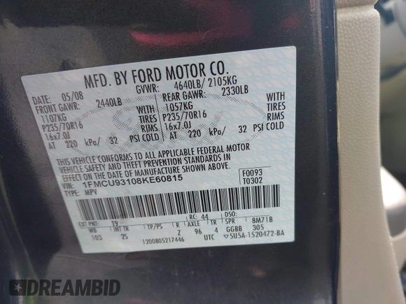 2008 Ford Escape XLT с VIN 1FMCU93108KE60815, выставлен на аукционе IAAI как лот 42504139 с пробегом 138 911 миль миль и . История ставок и продаж доступна на DreamBid. Изображение 9.
