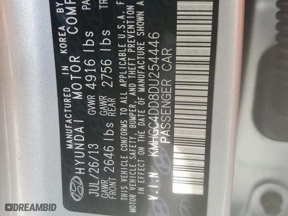 2013 Hyundai Genesis 3.8L with VIN KMHGC4DD8DU254446, listed as a Copart auction lot 49335855 with 139,334 mi miles and Clean Title. Bid and sale history available at carsss.com. Image 12.