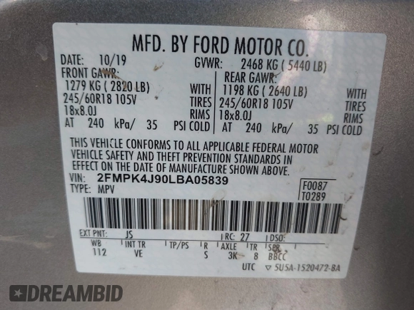 2020 Ford Edge SEL with VIN 2FMPK4J90LBA05839, listed as a IAAI auction lot 41824579 with 75,005 mi miles. Bid and sale history available at carsss.com. Image 9.