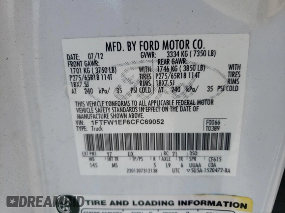2012 Ford F-150 XL with VIN 1FTFW1EF6CFC69052, listed as a Copart auction lot 55739865 with 280,247 mi miles and Salvage title. Bid and sale history available at DreamBid. Image 12.