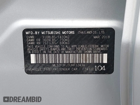 2018 Mitsubishi Mirage ES with VIN ML32F3FJ3JHF12434, listed as a IAAI auction lot 42588116 with 50,092 mi miles and . Bid and sale history available at DreamBid. Image 9.