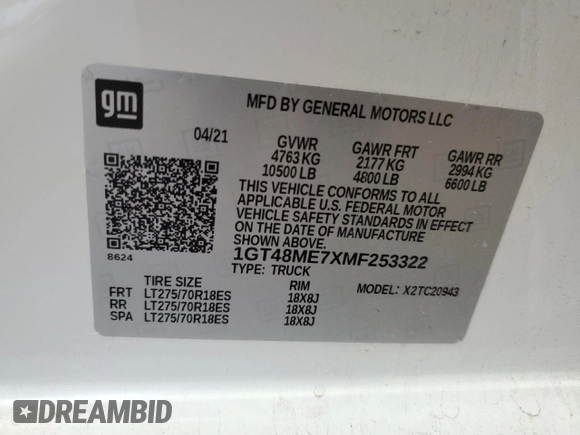 2021 GMC Sierra 1500 with VIN 1GT48ME7XMF253322, listed as a Copart auction lot 73474824 with 130,263 mi miles and Salvage Title. Bid and sale history available at DreamBid. Image 12.