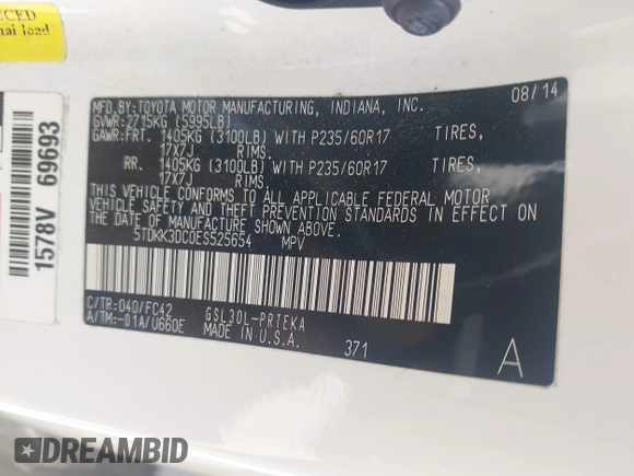 2014 Toyota Sienna LE AAS with VIN 5TDKK3DC0ES525654, listed as a IAAI auction lot 42153582 with 71,258 mi miles and . Bid and sale history available at carsss.com. Image 9.