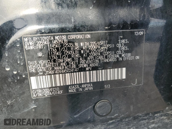 2010 Toyota RAV4 with VIN JTMBF4DV4A5024147, listed as a Copart auction lot 49017884 with 171,735 mi miles and Salvage Title. Bid and sale history available at carsss.com. Image 15.