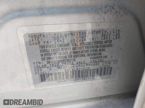 2017 Nissan Sentra SV with VIN 3N1AB7AP2HY382118, listed as a IAAI auction lot 42446614 with 119,005 mi miles and . Bid and sale history available at DreamBid. Image 9.