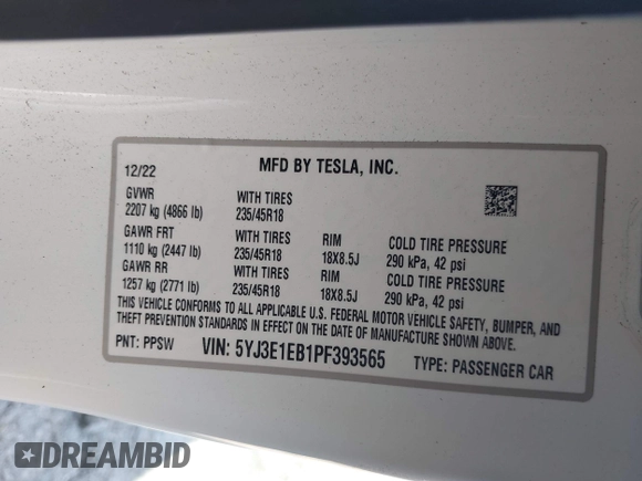 2023 Tesla Model 3 Long Range with VIN 5YJ3E1EB1PF393565, listed as a IAAI auction lot 41656060 with 16,236 mi miles and . Bid and sale history available at DreamBid. Image 9.